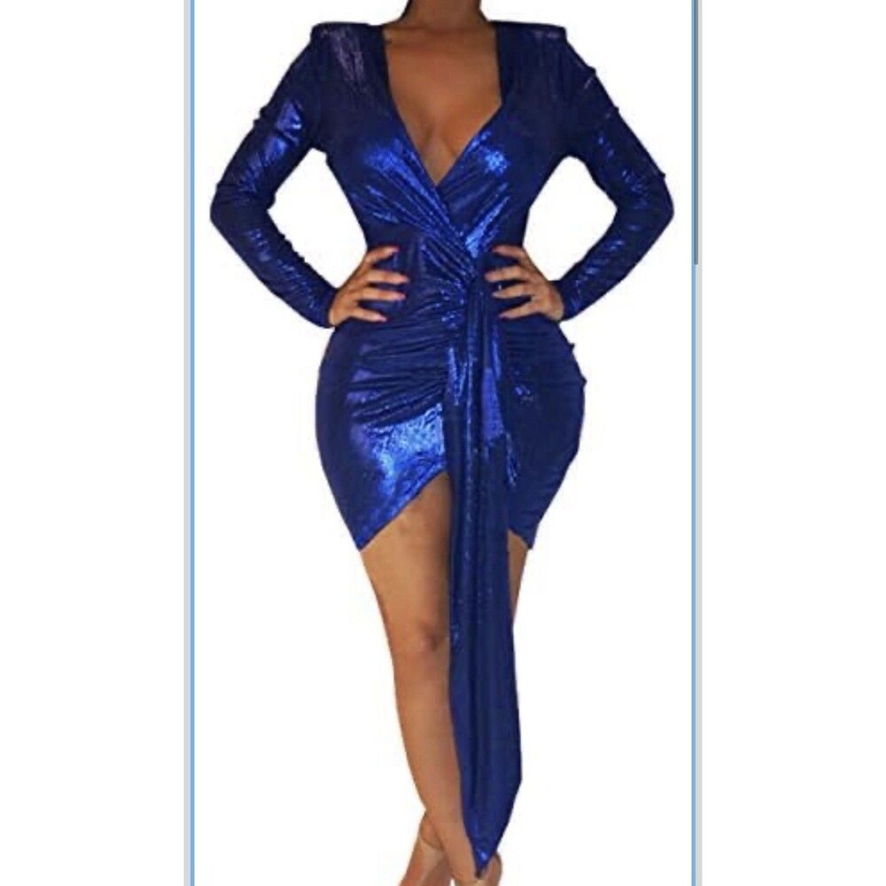 Women’s Ruched Sparkly Bodycon Dress Blue Semi - Sheer Small Zipper Back